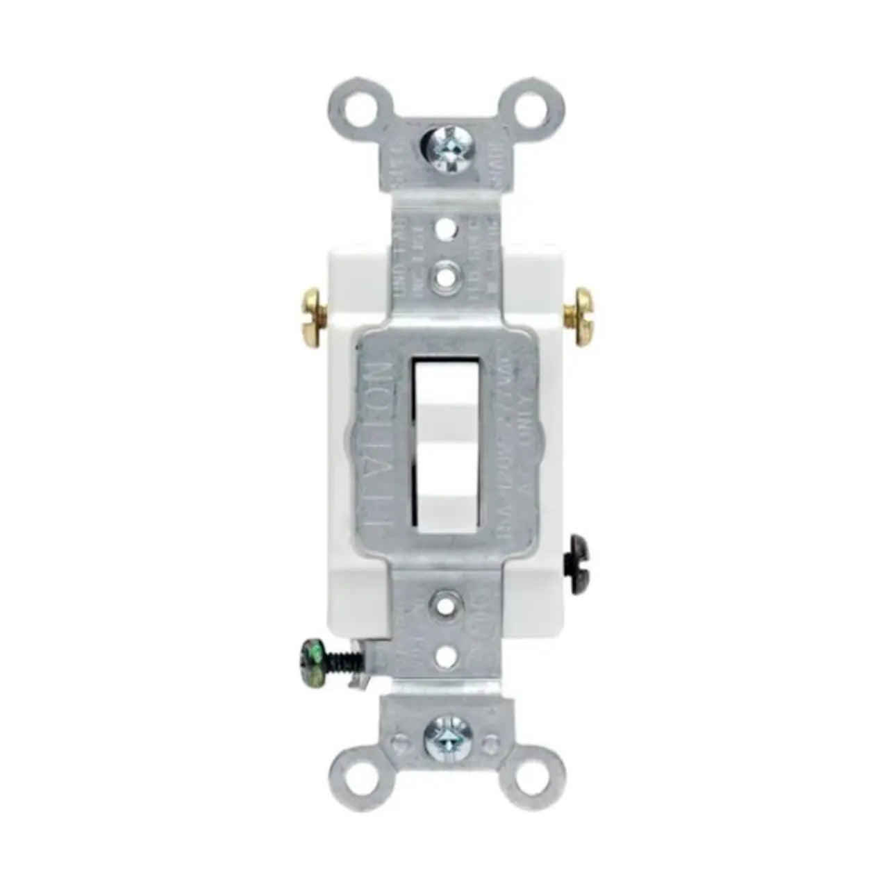 A front view of the Go Build 3 Way Toggle Switch 20A - White, featuring a metal mounting bracket and side screw terminals for wiring; ideal for 3-way switch applications. Brand: Go Build, The Fastest Way To Build.